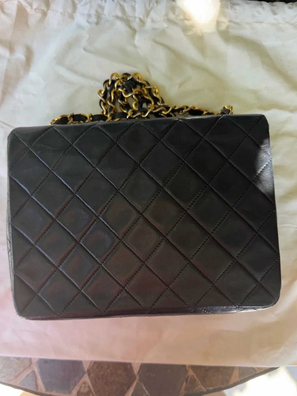 Vintage 24k Gold Chanel Classic Small Square Black Lambskin bag w COA